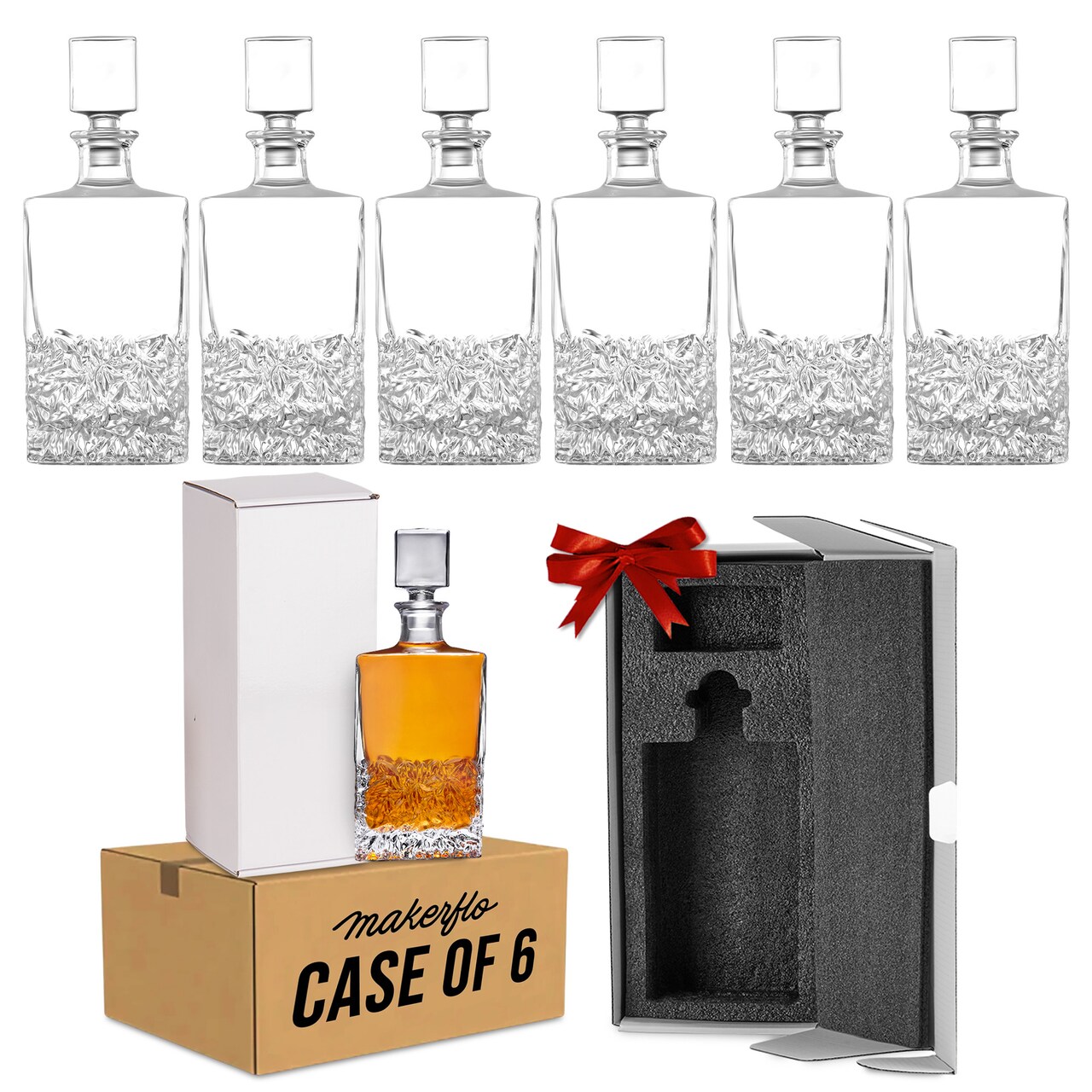 Makerflo Customizable Decanter with Airtight Stopper 24 oz (Case of 6) | Liquor Decanter Bottle for Wine, Scotch, Bar, Ideal for DIY Personalization - Laser Engraving, UV DTF, Vinyl, Epoxy, Individually Wrapped